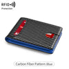 A black slim wallet with a carbon fiber pattern and blue trim, featuring an RFID-blocking ID window.