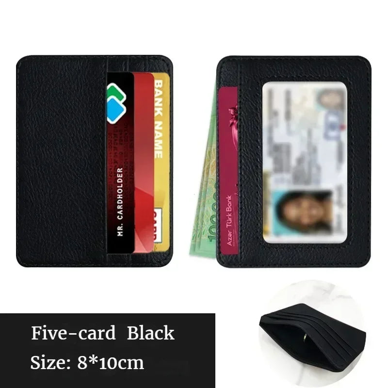 Black five-card wallet with a leather cover showing cards and ID inside