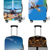 A blue suitcase with a graphic of an airplane flying over a bright blue sky.