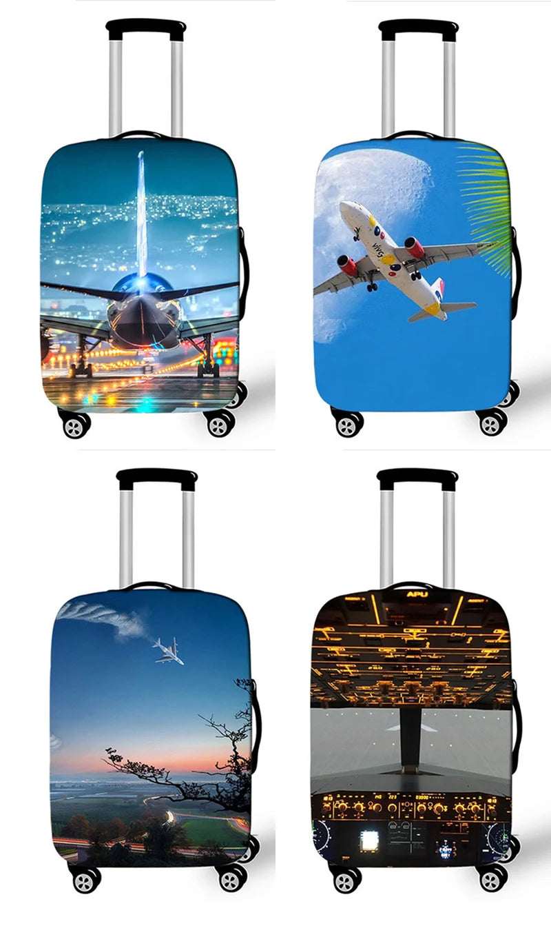 A blue suitcase with a graphic of an airplane flying over a bright blue sky.