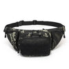 Black camouflage multi-compartment waist pack worn around the waist.