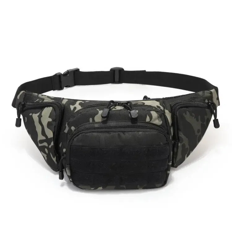 Black camouflage multi-compartment waist pack worn around the waist.
