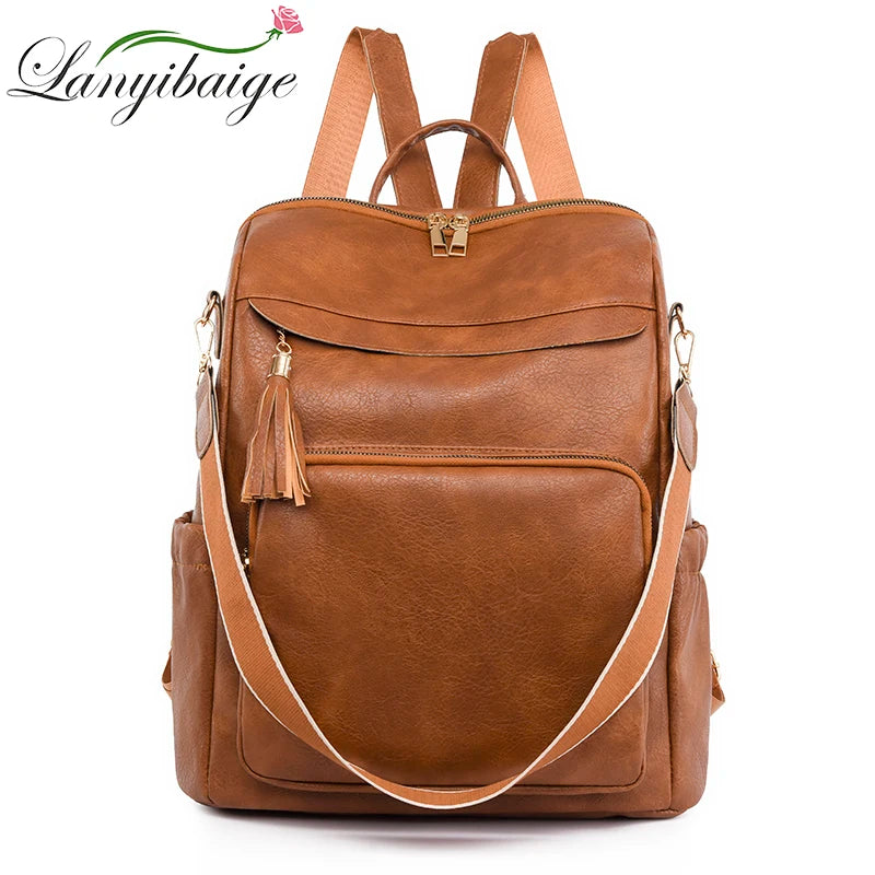 A brown leather backpack featuring a vintage tassel design and anti-theft features.