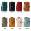 A collection of multi-card wallets in various colors including peacock blue, black, wine red, brown, gray, yellow, pink, and 