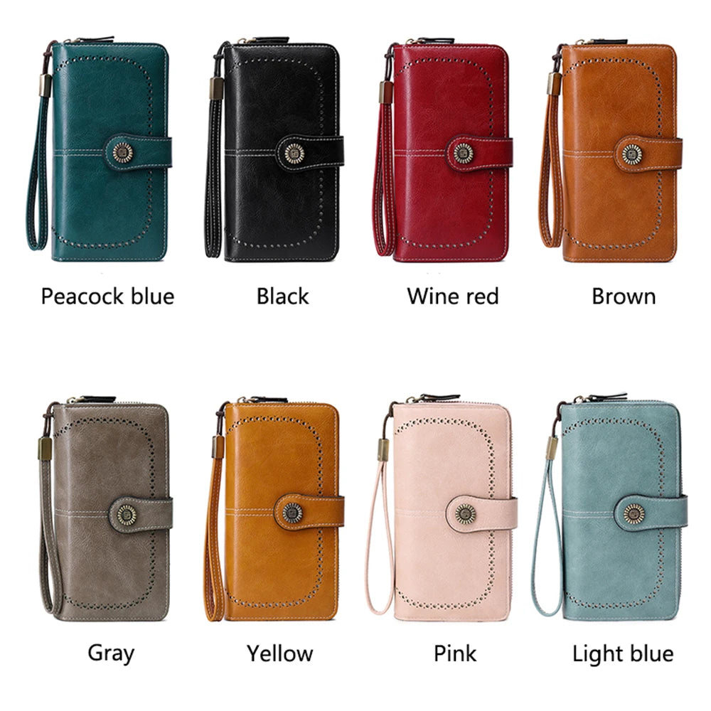 A collection of multi-card wallets in various colors including peacock blue, black, wine red, brown, gray, yellow, pink, and 