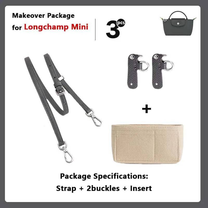 Makeover package for Longchamp Mini featuring a leather crossbody strap, two buckles, and an insert.