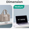 Comparison of small and medium quilted tote bags, showing size differences with an iPad mini and a laptop.