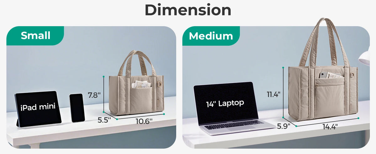 Comparison of small and medium quilted tote bags, showing size differences with an iPad mini and a laptop.