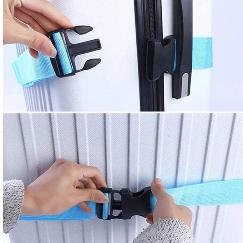 Hands adjusting a blue adjustable luggage strap on a white surface.