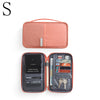 A salmon pink multi-functional passport and document organizer with a leather-like cover and internal pockets.