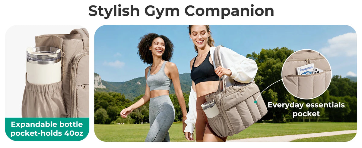 A woman carrying a stylish gym companion tote bag with an expandable pocket and laptop compartment in a park setting.