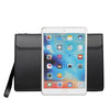 A black men's PU leather clutch bag is shown alongside an iPad, displaying various app icons on the screen.
