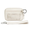 A cream-colored multi-functional zipper wallet with a clear window and a leather keychain strap.