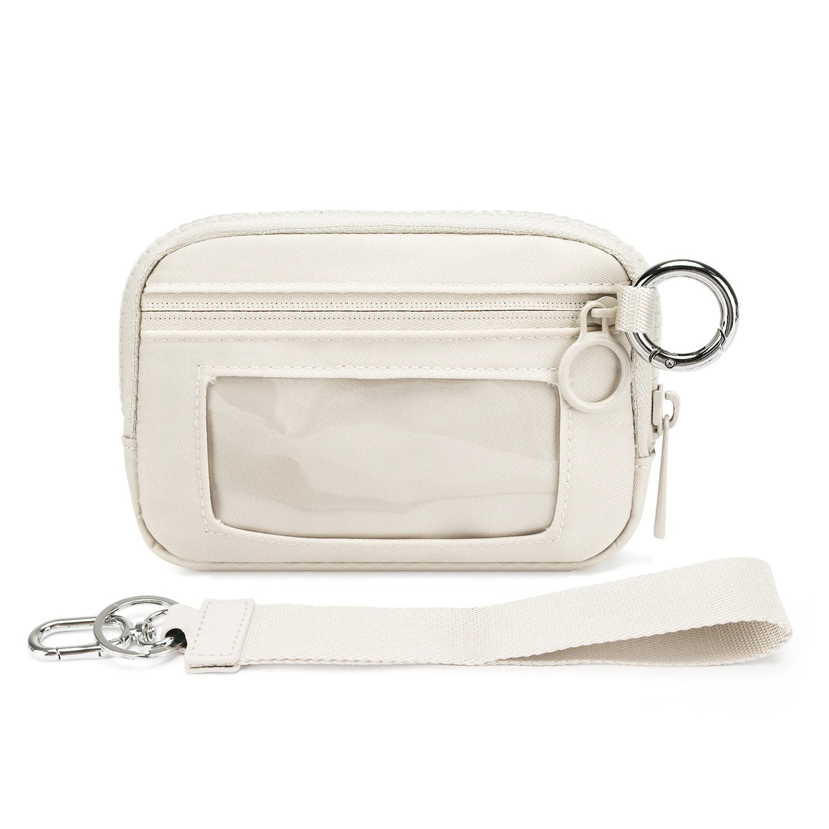 A cream-colored multi-functional zipper wallet with a clear window and a leather keychain strap.