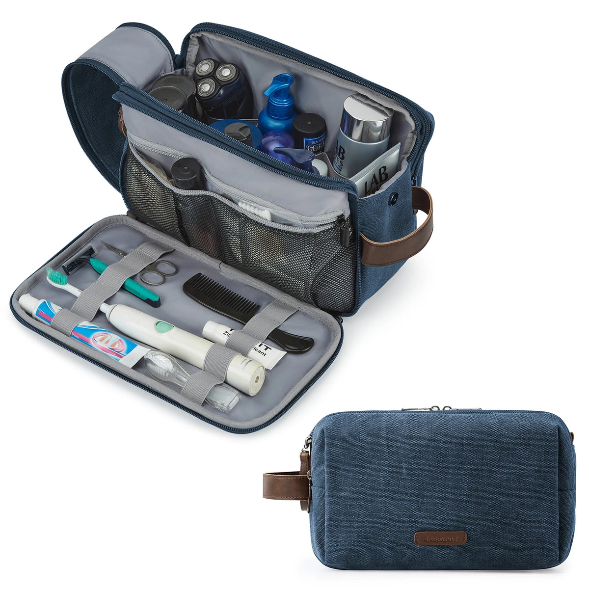 A blue toiletry bag is shown open, revealing various grooming tools and cosmetics inside.