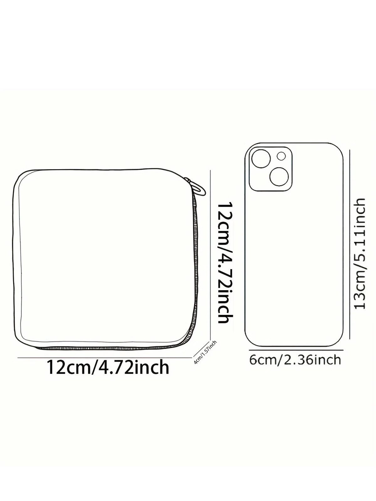Outline drawing showing the dimensions of a quilted storage pouch and a smartphone for scale comparison.