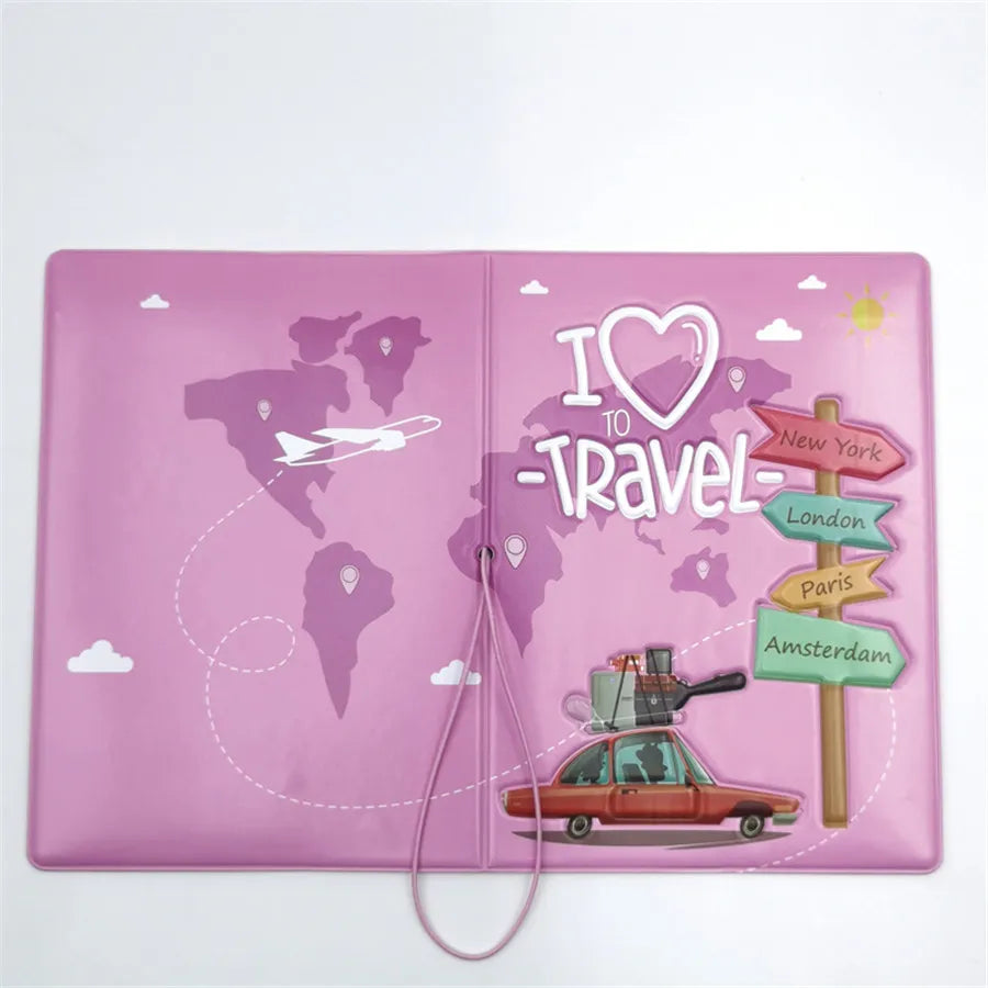 A pink passport cover featuring a world map, travel icons like airplanes and city names, and a vintage car.