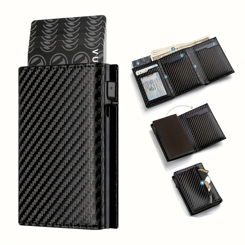Schwarzes minimalistisches Pop-up Kreditkarten-Wallet mit mehreren Karten und einer gefalteten Karte.