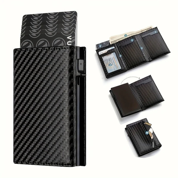 A black minimalist pop-up credit card wallet shown with multiple cards and a folded card.