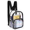 Clear PVC backpack storage pouch with black straps and multiple zippered compartments