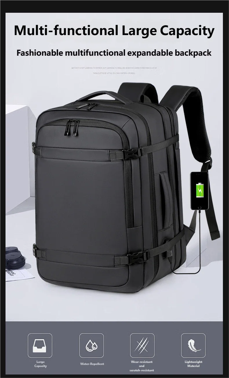 A black multi-functional expandable backpack shown on a white background.