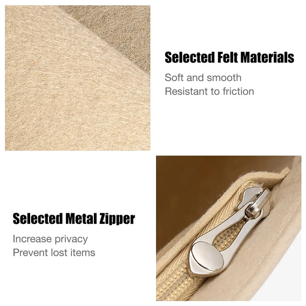 Close-up view of a felt organizer insert with a metal zipper on a beige fabric background.
