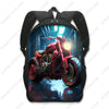 A black backpack featuring a graphic of a red motorcycle with glowing headlights.