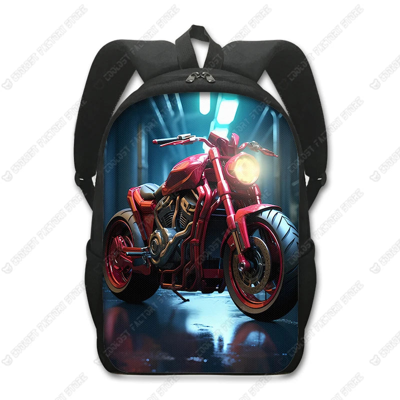 A black backpack featuring a graphic of a red motorcycle with glowing headlights.
