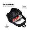 Black backpack with interior and exterior compartments showing various items like magazines books and a laptop slot