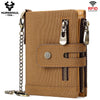 Tan leather bifold wallet with RFID blocking protection and a double zipper closure.