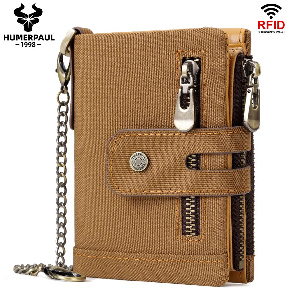 Tan leather bifold wallet with RFID blocking protection and a double zipper closure.