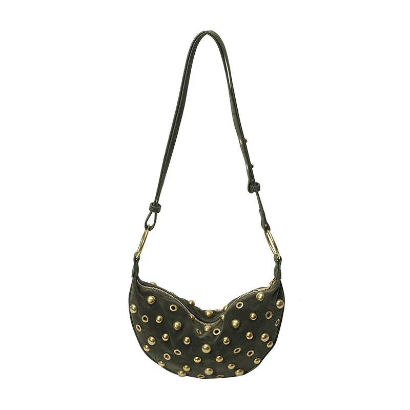 A dark olive faux suede hobo crossbody bag with gold rivet accents.