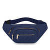 A navy blue quilted nylon crossbody belt bag with gold-toned zippers.