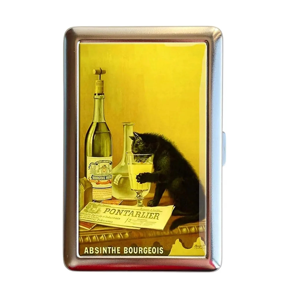 A vintage metal card holder featuring a yellow background with an image of a bottle and a black cat.