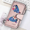 A pink women's long zipper handbag coin purse featuring a cute blue donkey illustration.