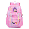 A pink and purple Jacquard laptop backpack featuring a character design and fluffy pom-poms.