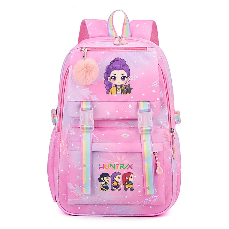 A pink and purple Jacquard laptop backpack featuring a character design and fluffy pom-poms.