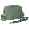 A olive green quilted nylon wristlet wallet with a detachable strap.