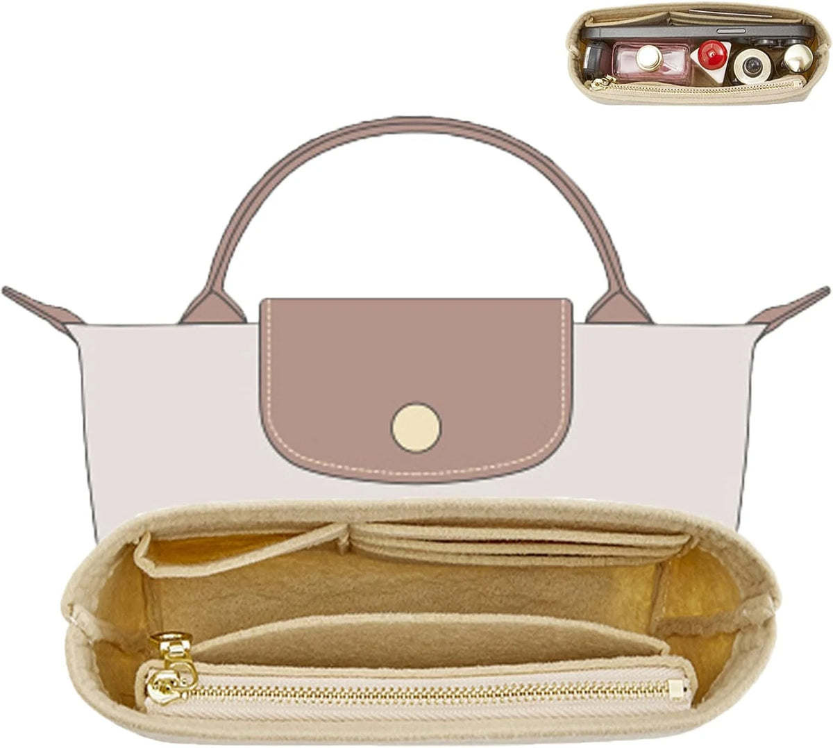 A light pink felt mini bag organizer pouch with a handle and a zippered interior pocket is shown alongside a larger beige can