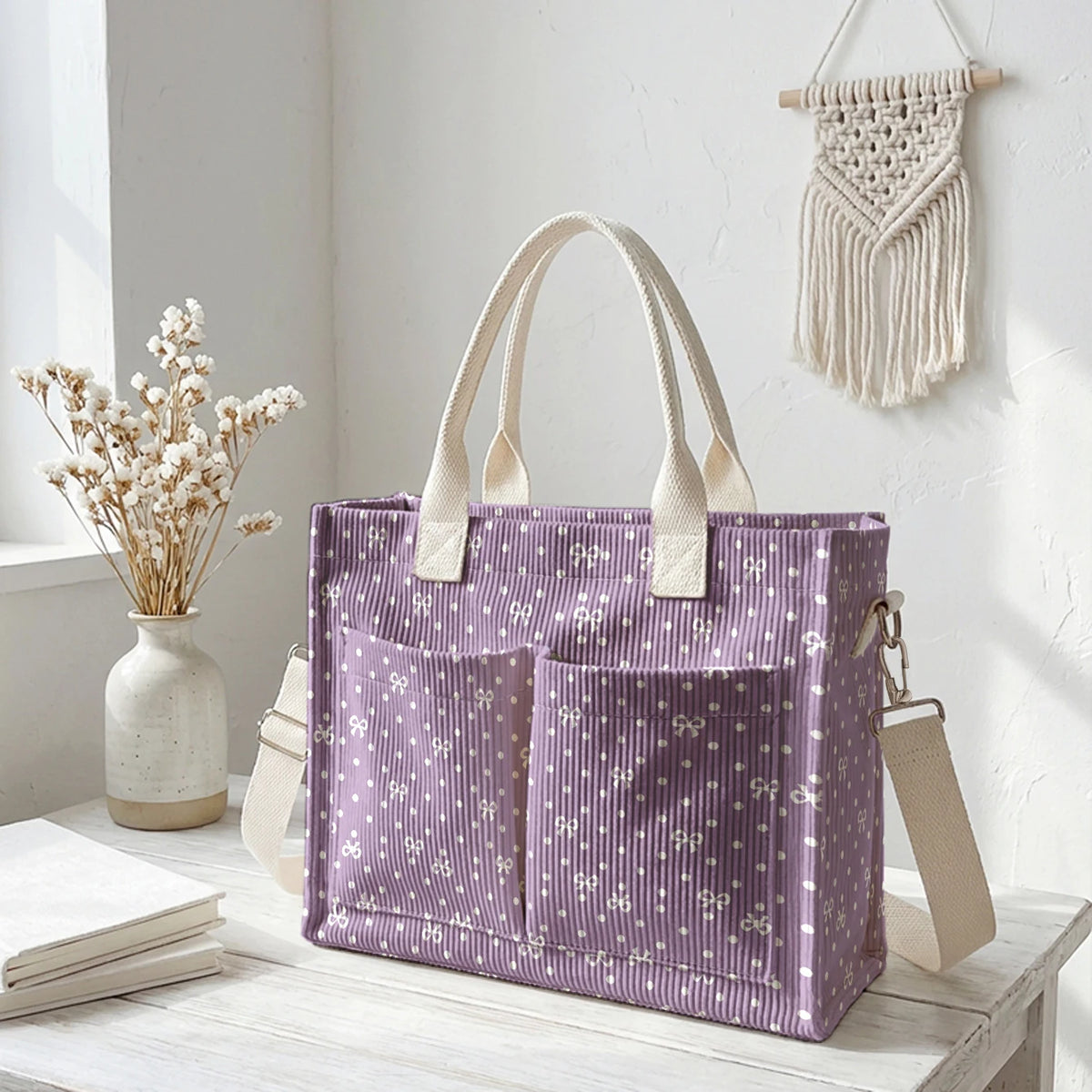 Un sac fourre-tout en velours côtelé violet à pois blancs, exposé sur une table blanche à côté de fleurs séchées.