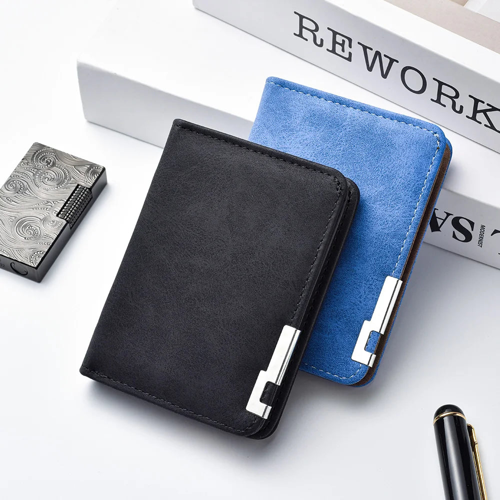 A black and blue PU leather men's wallet with card slots resting on a white surface.