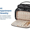 A black multi-compartment travel organizer bag with a front compartment for jewelry showing various slots and pockets.