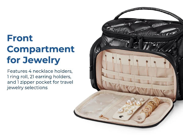 A black multi-compartment travel organizer bag with a front compartment for jewelry showing various slots and pockets.