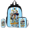 Blauer Rucksack mit Fußballspieler-Design, der Nummer 10 und dem Namen Messi zeigt.
