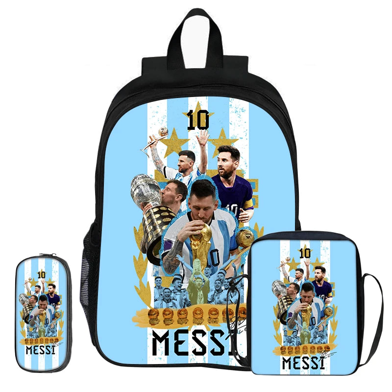 Blauer Rucksack mit Fußballspieler-Design, der Nummer 10 und dem Namen Messi zeigt.