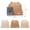 A tan corduroy diaper backpack shown next to a silver iPad, displaying its dimensions.