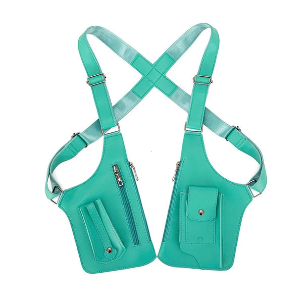 A teal PU leather double shoulder bag featuring a zippered compartment and a separate wallet pocket.