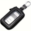 Black retro PU leather car key case with a clear window and a metal hook.