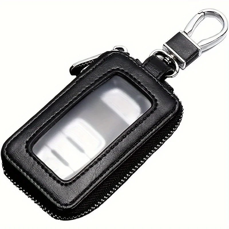 Black retro PU leather car key case with a clear window and a metal hook.