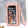 Pink transparente multifunktionale Crossbody-Handytasche mit Riemen, die ein Smartphone-Display zeigt.